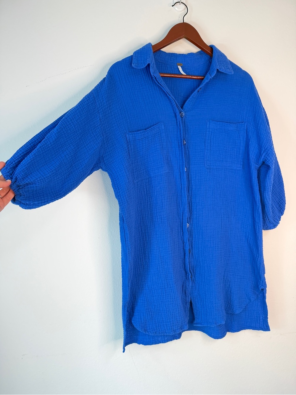 YFB Gauzy Cotton Button‎ Front Tunic Top Womens Cobalt Blue Boho Swim Coverup